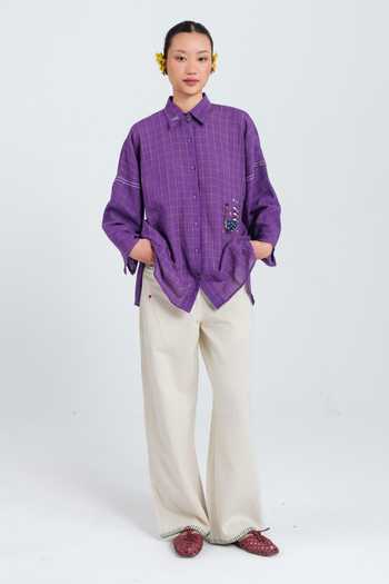Jodi_Purple Cotton Button-down Neck Drift Handloom Shirt _Online_at_Aza_Fashions