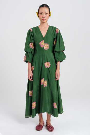 Jodi Green Silk, Muslin V-neck Flow Block Print Dress Online at Aza Fashions Jodi_Green Silk, Muslin V-neck Flow Block Print Dress _Online_at_Aza_Fashions