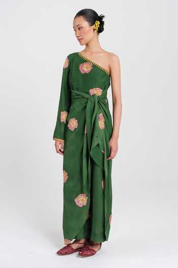 Jodi Green Silk, Muslin One Shoulder Flow Printed Dress Online at Aza Fashions Jodi_Green Silk, Muslin One Shoulder Flow Printed Dress _Online_at_Aza_Fashions