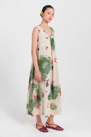 Jodi_Green Cotton V-neck Sway Day Printed Dress _Online_at_Aza_Fashions