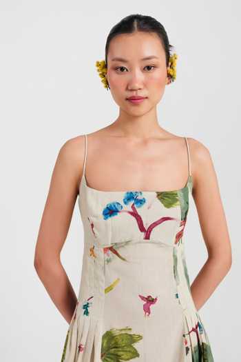 Buy_Jodi_Green Cotton Square Neck Sway Printed Pleated Dress _Online_at_Aza_Fashions
