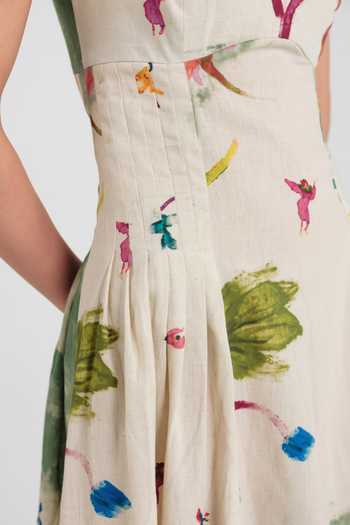 Shop_Jodi_Green Cotton Square Neck Sway Printed Pleated Dress _Online_at_Aza_Fashions