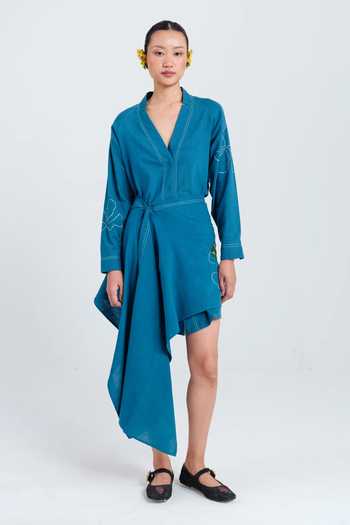 Jodi Blue Cotton V-neck Ether Handloom Dress Online at Aza Fashions Jodi_Blue Cotton V-neck Ether Handloom Dress _Online_at_Aza_Fashions