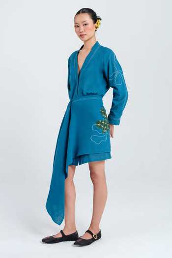 Buy Jodi Blue Cotton V-neck Ether Handloom Dress Online at Aza Fashions Buy_Jodi_Blue Cotton V-neck Ether Handloom Dress _Online_at_Aza_Fashions