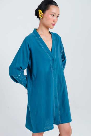 Shop Jodi Blue Cotton V-neck Ether Handloom Dress Online at Aza Fashions Shop_Jodi_Blue Cotton V-neck Ether Handloom Dress _Online_at_Aza_Fashions