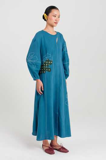 Shop Jodi Blue Cotton Asymmetric Neck Ether Handloom Day Dress Online at Aza Fashions Shop_Jodi_Blue Cotton Asymmetric Neck Ether Handloom Day Dress _Online_at_Aza_Fashions