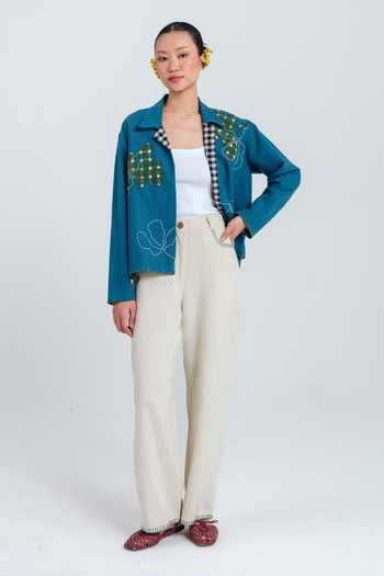 Shop Jodi Blue Cotton Collared Neck Ether Handloom Jacket Online at Aza Fashions Shop_Jodi_Blue Cotton Collared Neck Ether Handloom Jacket _Online_at_Aza_Fashions