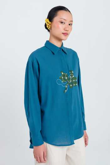 Shop Jodi Blue Cotton Collared Neck Ether Handloom Shirt Online at Aza Fashions Shop_Jodi_Blue Cotton Collared Neck Ether Handloom Shirt _Online_at_Aza_Fashions