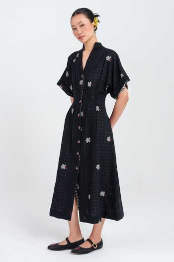 Jodi_Black Mandarin Collar Leap Jamdani Midi Dress _Online_at_Aza_Fashions