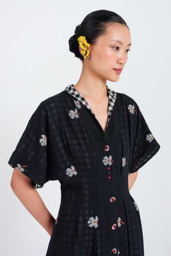 Buy_Jodi_Black Mandarin Collar Leap Jamdani Midi Dress _Online_at_Aza_Fashions