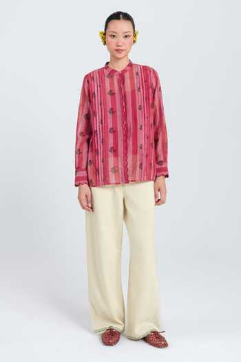 Jodi Pink Chanderi Mandarin Collar Spring Scallop Shirt Online at Aza Fashions Jodi_Pink Chanderi Mandarin Collar Spring Scallop Shirt _Online_at_Aza_Fashions