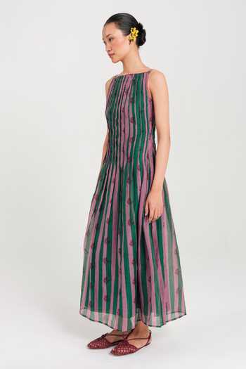 Buy_Jodi_Pink Chanderi Boat Neck Twirl Pleated Dress _Online_at_Aza_Fashions