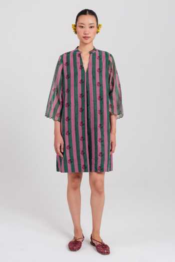 Jodi Pink Chanderi Mandarin Collar, Split V-neck Twirl Shift Dress Online at Aza Fashions Jodi_Pink Chanderi Mandarin Collar, Split V-neck Twirl Shift Dress _Online_at_Aza_Fashions