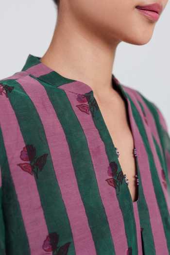 Shop Jodi Pink Chanderi Mandarin Collar, Split V-neck Twirl Shift Dress Online at Aza Fashions Shop_Jodi_Pink Chanderi Mandarin Collar, Split V-neck Twirl Shift Dress _Online_at_Aza_Fashions