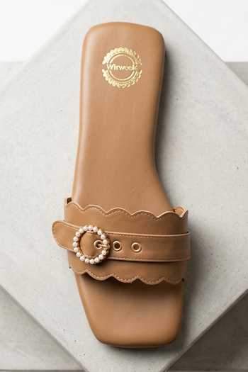 Modanta Footwear Tan Scallop Sliders Online at Aza Fashions Modanta Footwear_Tan Scallop Sliders _Online_at_Aza_Fashions