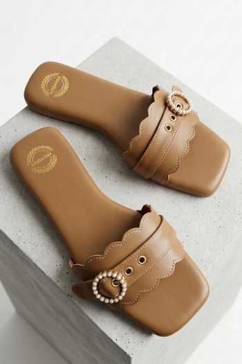 Buy Modanta Footwear Tan Scallop Sliders Online at Aza Fashions Buy_Modanta Footwear_Tan Scallop Sliders _Online_at_Aza_Fashions