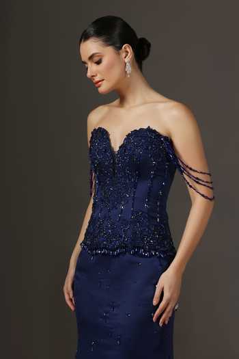 Pooja Peshoria Navy Crepe, Satin, Net, Polyester Beads, Stones, Embellished Corset And Skirt Set Online at Aza Fashions Pooja Peshoria_Navy Crepe, Satin, Net, Polyester Beads, Stones, Embellished Corset And Skirt Set _Online_at_Aza_Fashions