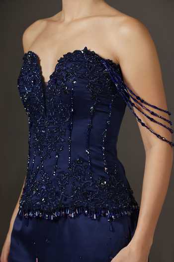 Shop Pooja Peshoria Navy Crepe, Satin, Net, Polyester Beads, Stones, Embellished Corset And Skirt Set Online at Aza Fashions Shop_Pooja Peshoria_Navy Crepe, Satin, Net, Polyester Beads, Stones, Embellished Corset And Skirt Set _Online_at_Aza_Fashions