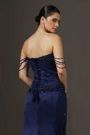 Pooja Peshoria Navy Crepe, Satin, Net, Polyester Beads, Stones, Embellished Corset And Skirt Set at Aza Fashions Pooja Peshoria_Navy Crepe, Satin, Net, Polyester Beads, Stones, Embellished Corset And Skirt Set _at_Aza_Fashions