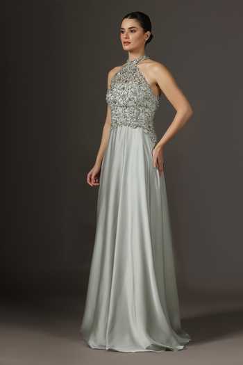 Pooja Peshoria Silver Satin Crystals, Sequins, Beads, Tassels Halter Neck Hand Embroidery Gown Online at Aza Fashions Pooja Peshoria_Silver Satin Crystals, Sequins, Beads, Tassels Halter Neck Hand Embroidery Gown _Online_at_Aza_Fashions