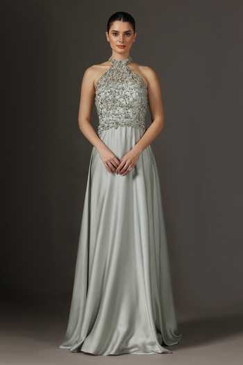 Buy Pooja Peshoria Silver Satin Crystals, Sequins, Beads, Tassels Halter Neck Hand Embroidery Gown Online at Aza Fashions Buy_Pooja Peshoria_Silver Satin Crystals, Sequins, Beads, Tassels Halter Neck Hand Embroidery Gown _Online_at_Aza_Fashions