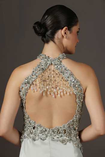 Buy Pooja Peshoria Silver Satin Crystals, Sequins, Beads, Tassels Halter Neck Hand Embroidery Gown Buy_Pooja Peshoria_Silver Satin Crystals, Sequins, Beads, Tassels Halter Neck Hand Embroidery Gown