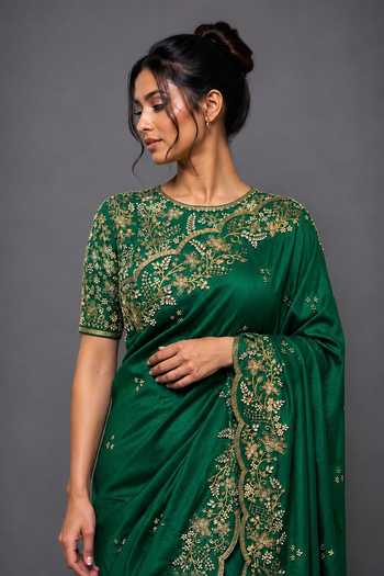 Pooja Peshoria Emerald Green Silk, Satin Round Neck Hand Embroidered Saree And Blouse Online at Aza Fashions Pooja Peshoria_Emerald Green Silk, Satin Round Neck Hand Embroidered Saree And Blouse _Online_at_Aza_Fashions