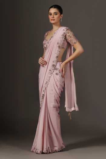 Pooja Peshoria Pink Silk, Crepe, Net Sweetheart Neck Hand Embroidered Saree And Blouse Online at Aza Fashions Pooja Peshoria_Pink Silk, Crepe, Net Sweetheart Neck Hand Embroidered Saree And Blouse _Online_at_Aza_Fashions