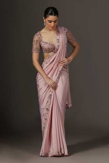 Buy Pooja Peshoria Pink Silk, Crepe, Net Sweetheart Neck Hand Embroidered Saree And Blouse Online at Aza Fashions Buy_Pooja Peshoria_Pink Silk, Crepe, Net Sweetheart Neck Hand Embroidered Saree And Blouse _Online_at_Aza_Fashions