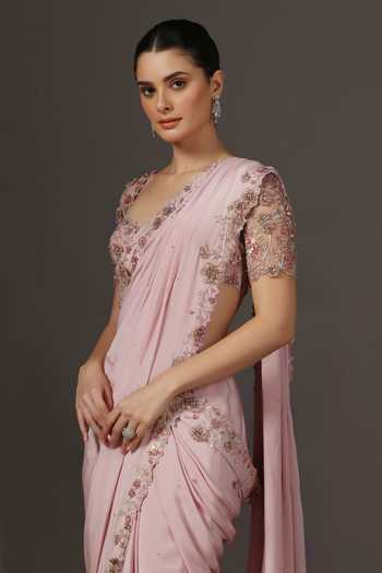 Shop Pooja Peshoria Pink Silk, Crepe, Net Sweetheart Neck Hand Embroidered Saree And Blouse Online at Aza Fashions Shop_Pooja Peshoria_Pink Silk, Crepe, Net Sweetheart Neck Hand Embroidered Saree And Blouse _Online_at_Aza_Fashions