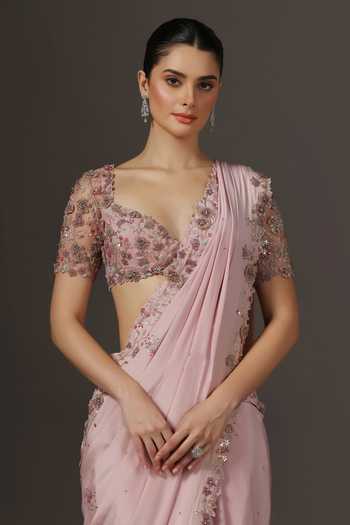 Pooja Peshoria Pink Silk, Crepe, Net Sweetheart Neck Hand Embroidered Saree And Blouse at Aza Fashions Pooja Peshoria_Pink Silk, Crepe, Net Sweetheart Neck Hand Embroidered Saree And Blouse _at_Aza_Fashions