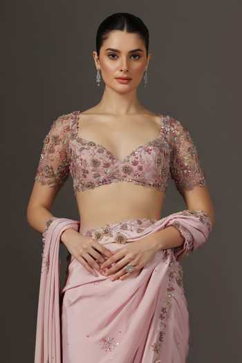 Buy Pooja Peshoria Pink Silk, Crepe, Net Sweetheart Neck Hand Embroidered Saree And Blouse Buy_Pooja Peshoria_Pink Silk, Crepe, Net Sweetheart Neck Hand Embroidered Saree And Blouse