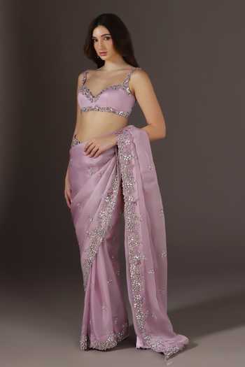 Pooja Peshoria Lilac Silk Organza, Satin Sweetheart Neck Saree And Blouse Set Online at Aza Fashions Pooja Peshoria_Lilac Silk Organza, Satin Sweetheart Neck Saree And Blouse Set _Online_at_Aza_Fashions