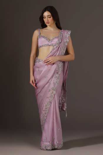 Buy Pooja Peshoria Lilac Silk Organza, Satin Sweetheart Neck Saree And Blouse Set Online at Aza Fashions Buy_Pooja Peshoria_Lilac Silk Organza, Satin Sweetheart Neck Saree And Blouse Set _Online_at_Aza_Fashions