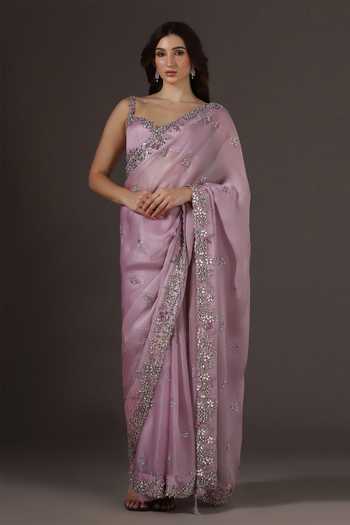 Shop Pooja Peshoria Lilac Silk Organza, Satin Sweetheart Neck Saree And Blouse Set Online at Aza Fashions Shop_Pooja Peshoria_Lilac Silk Organza, Satin Sweetheart Neck Saree And Blouse Set _Online_at_Aza_Fashions