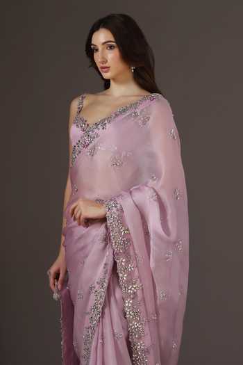 Pooja Peshoria Lilac Silk Organza, Satin Sweetheart Neck Saree And Blouse Set at Aza Fashions Pooja Peshoria_Lilac Silk Organza, Satin Sweetheart Neck Saree And Blouse Set _at_Aza_Fashions