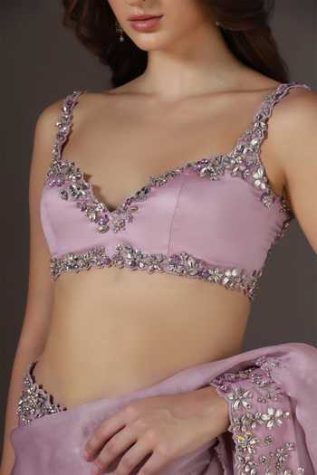 Buy Pooja Peshoria Lilac Silk Organza, Satin Sweetheart Neck Saree And Blouse Set Buy_Pooja Peshoria_Lilac Silk Organza, Satin Sweetheart Neck Saree And Blouse Set