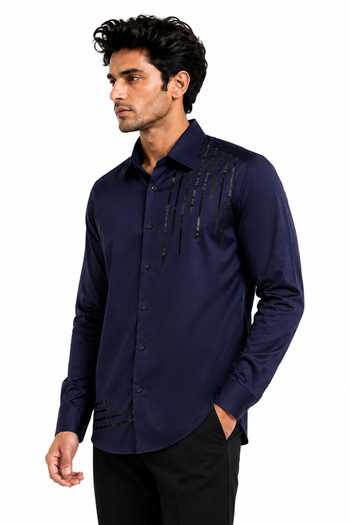 Varoin Marwah_Blue Cotton Satin Navy Embellished Shirt _Online_at_Aza_Fashions