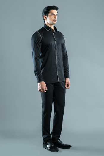 Varoin Marwah_Black Cotton Satin The Overlock Atelier Shirt _Online_at_Aza_Fashions