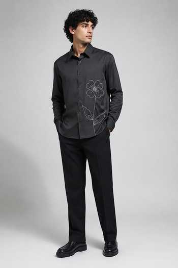 Varoin Marwah Black Cotton Satin Flower Embroidered Shirt Online at Aza Fashions Varoin Marwah_Black Cotton Satin Flower Embroidered Shirt _Online_at_Aza_Fashions