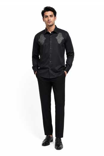 Varoin Marwah Black Cotton Satin Leather Patchwork Embroidered Shirt Online at Aza Fashions Varoin Marwah_Black Cotton Satin Leather Patchwork Embroidered Shirt _Online_at_Aza_Fashions