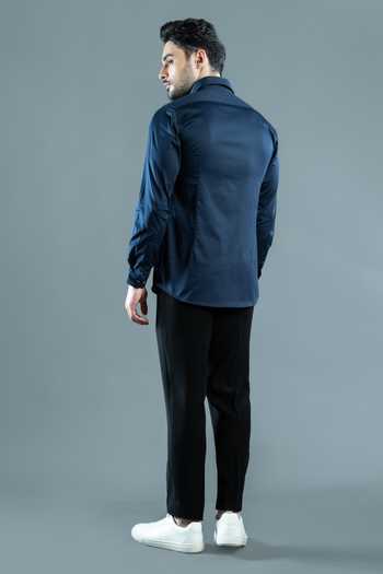 Shop Varoin Marwah Blue Cotton Satin The Diagonal Grid Pattern Croise Shirt at Aza Fashions Shop_Varoin Marwah_Blue Cotton Satin The Diagonal Grid Pattern Croise Shirt _at_Aza_Fashions