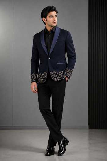Varoin Marwah_Navy Suiting Zari Embroidered Tuxedo Set _Online_at_Aza_Fashions
