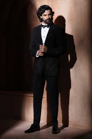Shop_Varoin Marwah_Black Suiting Embroidery The Shadow Leaf Pattern Tuxedo _Online_at_Aza_Fashions