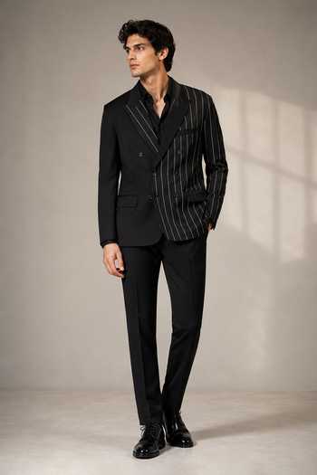 Varoin Marwah_Black Suiting Stripe Pattern Blazer _Online_at_Aza_Fashions