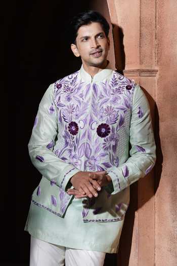 Shop_Varoin Marwah_Green Silk The Petal Stitch Paradox Nehru Jacket Set _Online_at_Aza_Fashions