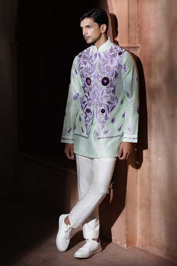 Varoin Marwah_Green Silk The Petal Stitch Paradox Nehru Jacket Set _at_Aza_Fashions