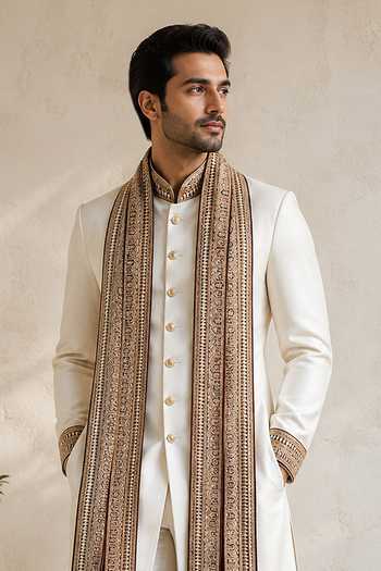 Varoin Marwah_White Silk Embroidered Sherwani Set _Online_at_Aza_Fashions