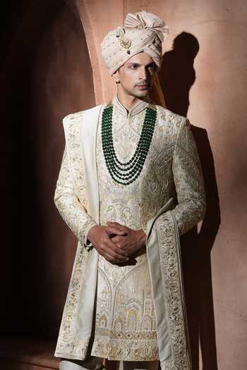 Varoin Marwah_Beige Silk The Taj Noor Embroidered Sherwani Set _at_Aza_Fashions