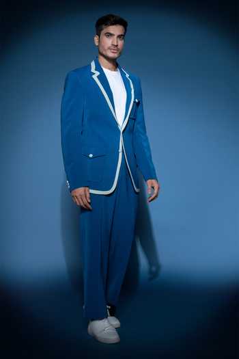Varoin Marwah Blue Crepe The Indigo Edge Plain Blazer Set Online at Aza Fashions Varoin Marwah_Blue Crepe The Indigo Edge Plain Blazer Set _Online_at_Aza_Fashions